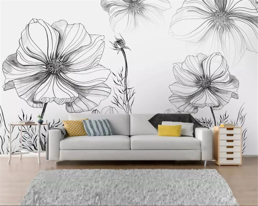 Custom Wallpaper Modern Hand Painted black and white floral tv wallpapers for living room papel de parede 3d wallpaper