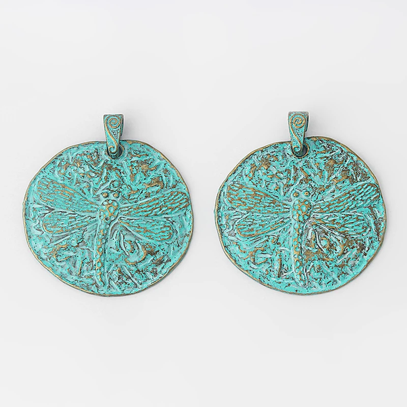 2pcs Big Antique Greek Bronze 58*62mm Round Embossed Dragonfly Charms Pendant For Necklace Jewelry Findings Making