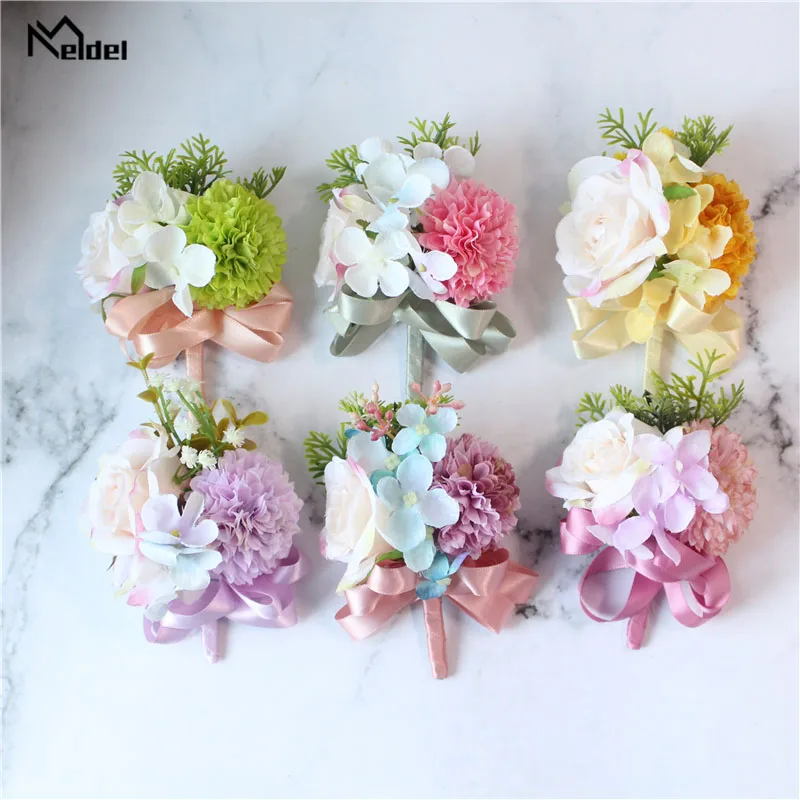 Meldel Corsages-broche de boda para novio, alfiler para novia, rosa, muñeca, flor, pulsera de dama de honor, accesorios de boda para fiesta y reunión