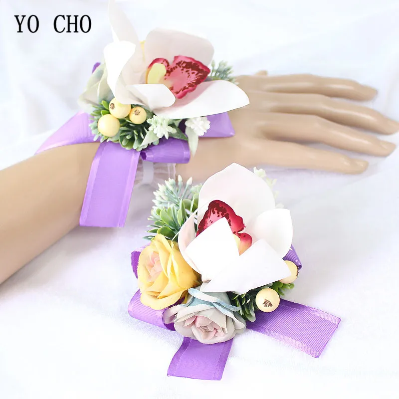 YO CHO Groom Men Boutonniere Red White Magnolia Brooch Corsage and Wrist Flowers Wedding Decor Green Orchid Bride Flower Bouquet