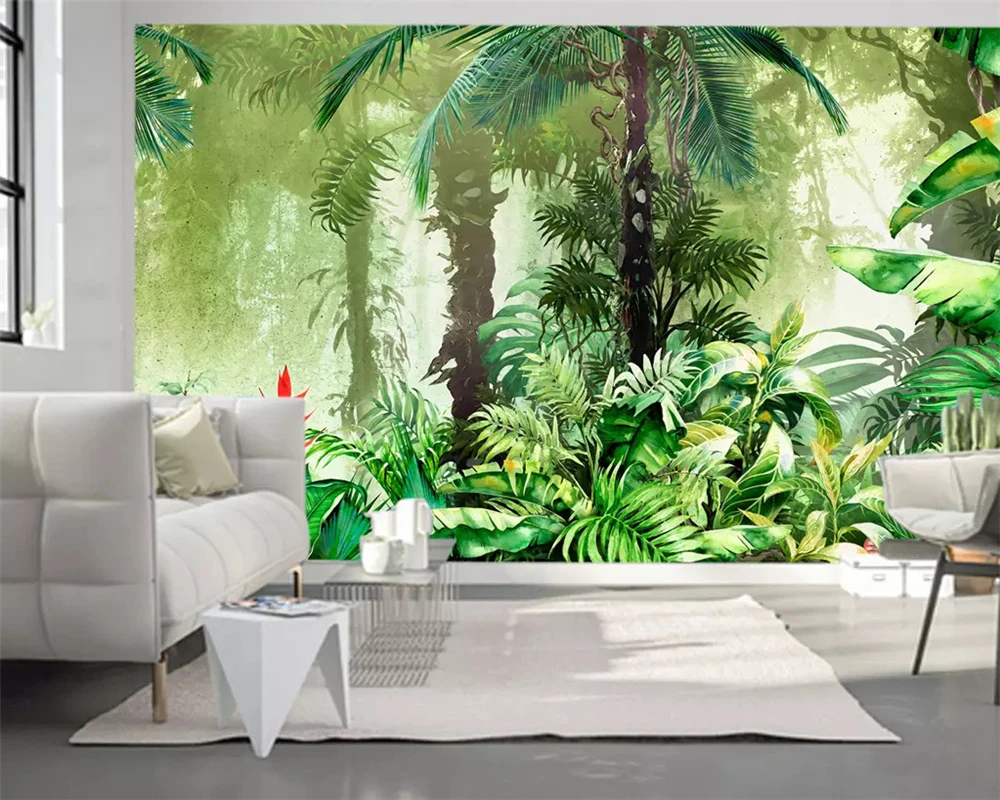 

Custom wallpaper 3d tropical rainforest green leaves hand-painted plant animal wall paper tapestry home decoration 3d wallpaper