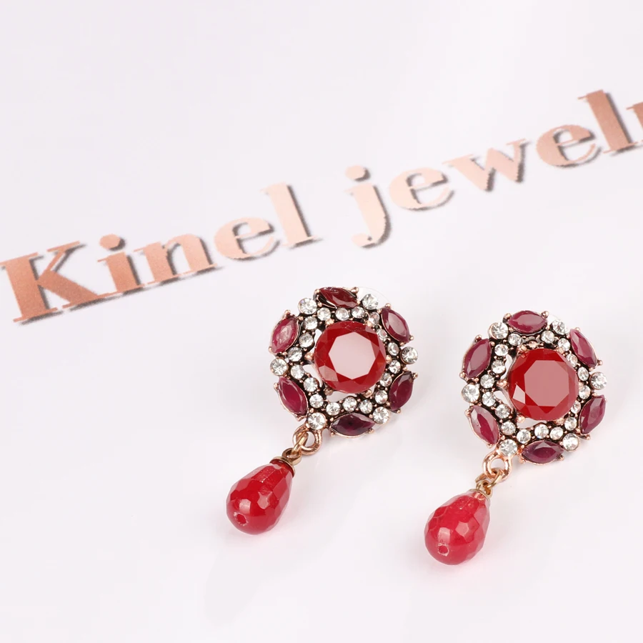 Kinel Brand Red Crystal Flower Drop Earrings For Women 2018 Vintage Natural Stone Earring Love Wedding Jewelry Party Gifts