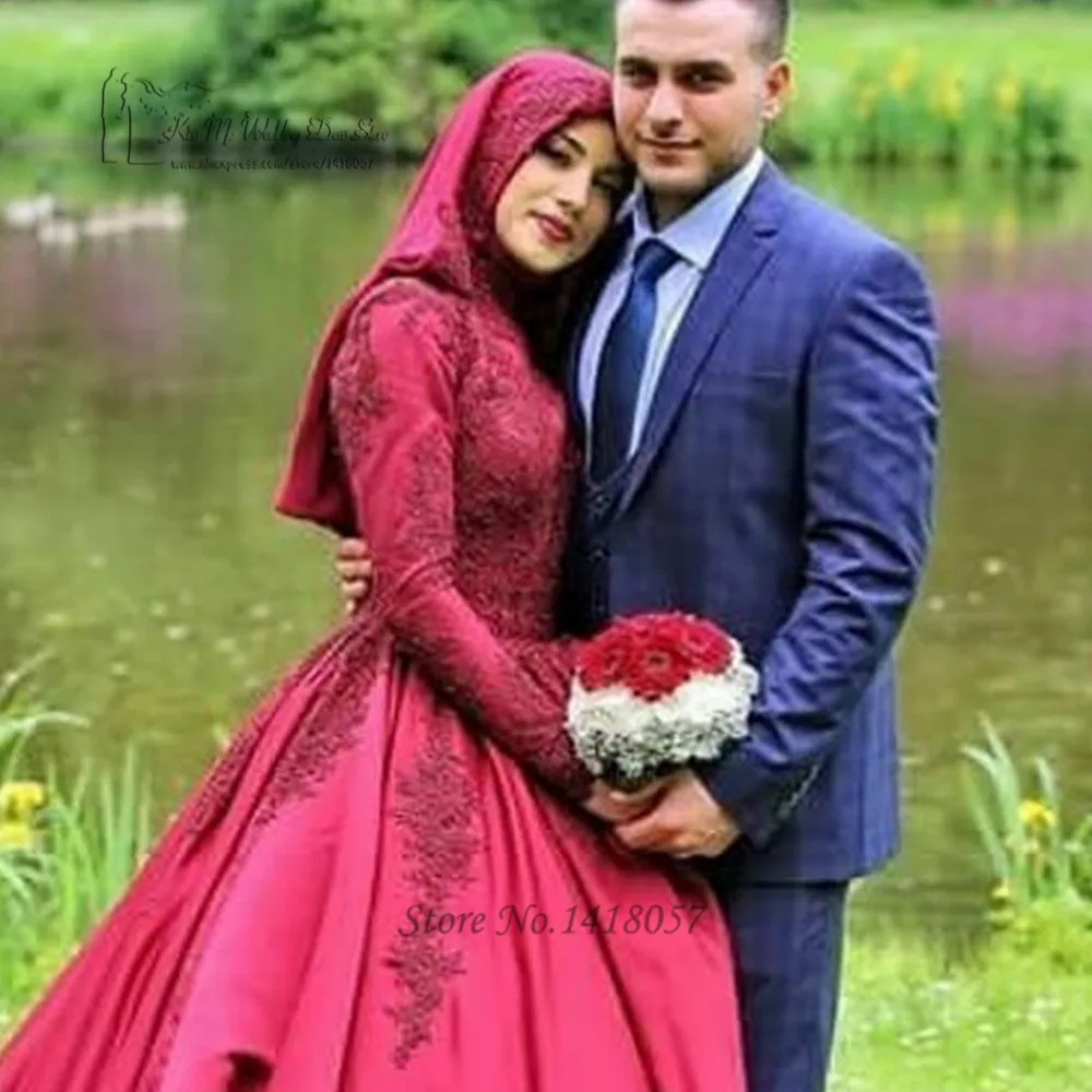 Vermelho islâmico manga longa muçulmano vestido de casamento com laço hijab vestidos de noiva vestidos de noiva turquia alta pescoço vestido de casamento