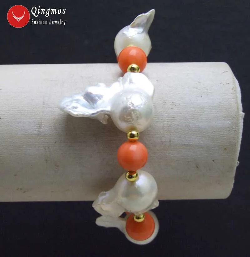 Qingmos 20-35mm White 7.5'' Pearl Bracelet for Women with Baroque Natural Nuclear Pearl and 9-10mm Pink Coral Bracelet-bra392