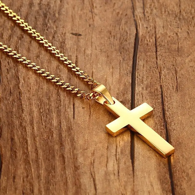 Wholesale-- Black Cross Pendant Necklaces for Men Women Titanium steel No Fade Gold Color 60cm Chain