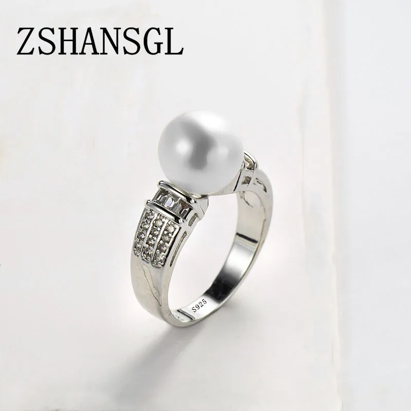 Cute  Silver Color Freshwater Cultured 6-7 mm Pearl Rings for Women Clear AAA CZ Wedding Fashion Statement Jewelry Gift