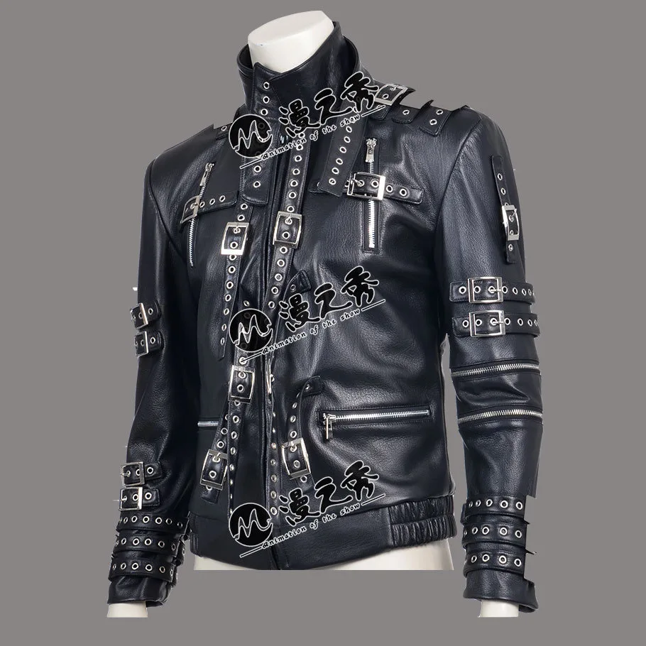 Rare MJ Michael Jackson Punk Rock Style BAD Tour Black Cotton & Leather Rivet Slim Zipper Jacket Outwear