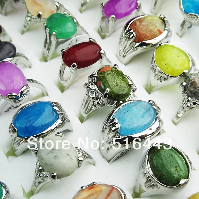 

A-010 Wholesale Jewelry Lots 30pcs 100% Natural Stones Silver Plated Fashion Rings Free Shipping