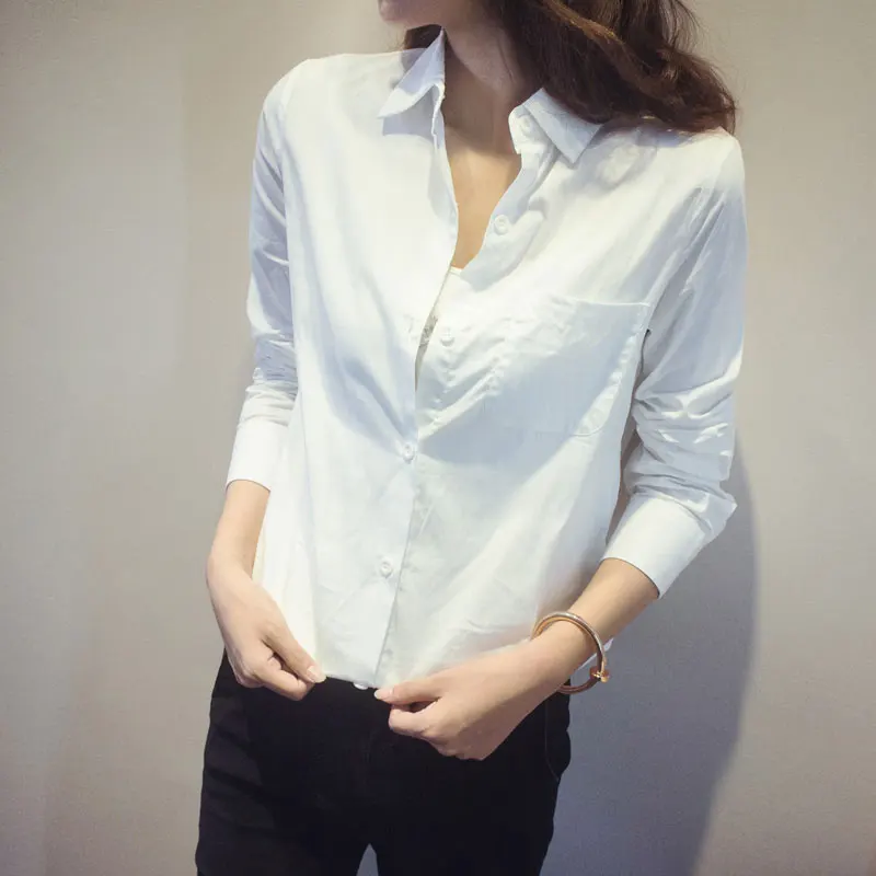 Casual Long Blouse Womens Boyfriend White Tops Fashion Full Sleeve Turn-Down Collar Plus Size Loose Contton Shirts