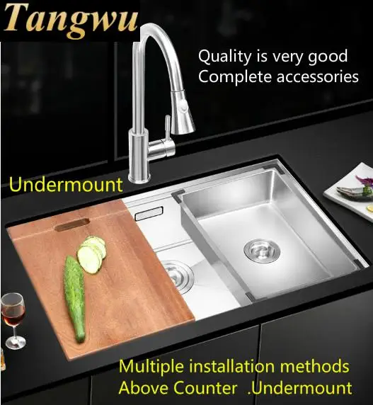 Free shipping Apartment luxurious big kitchen manual sink single trough stretch faucet 304 stainless steel hot sell 81x43 CM