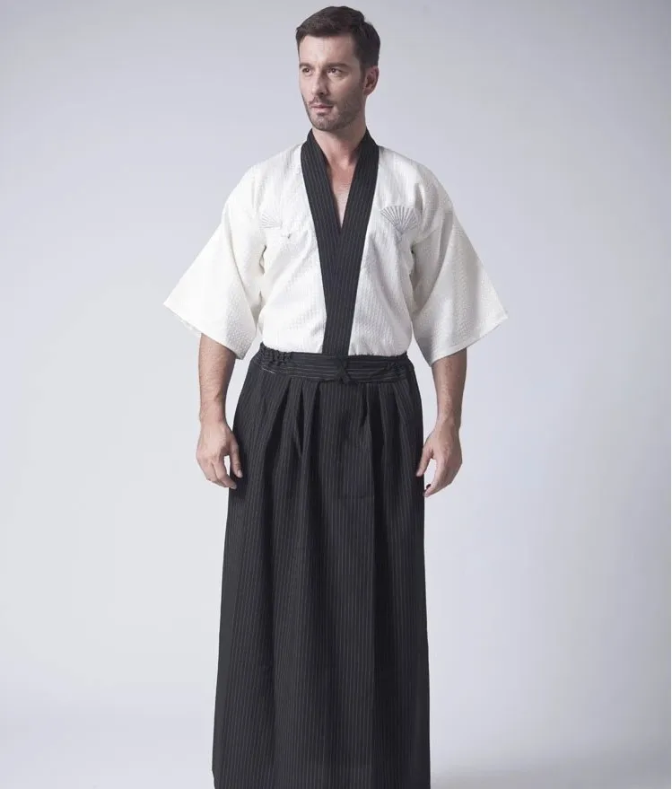 Classic Japanese Samurai Clothing Men's Warrior Kimono With Obi Traditional Satin Yukata Convention Costume One Size