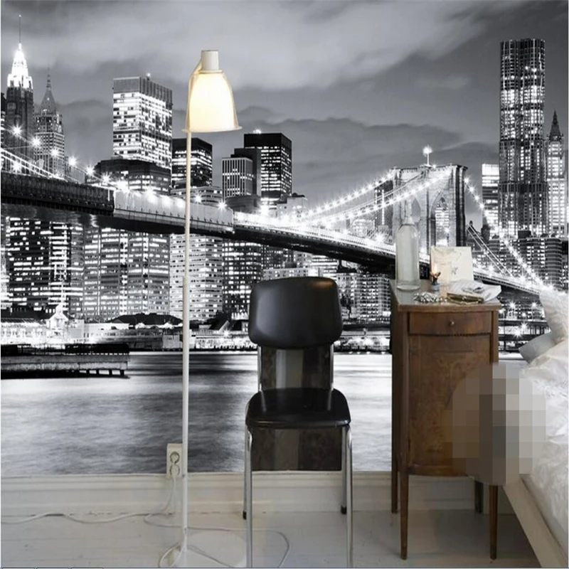 beibehang 3d Wallpaper Mural Wall Sticker New York Bridge Europe and America City Scenery Black and White Landscape Mural