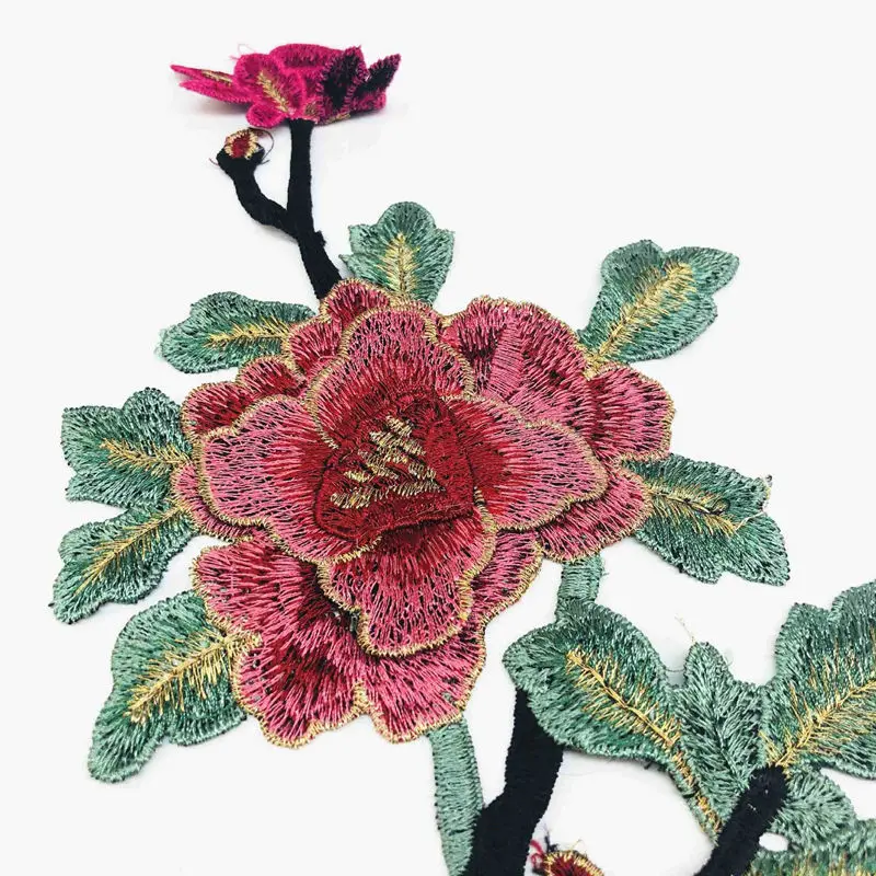 Embroidered 3D Peony Flowers Leaves Sew Patch Collar Trimmings Applique For Wedding Dress Clothes Decor DIY Crafts