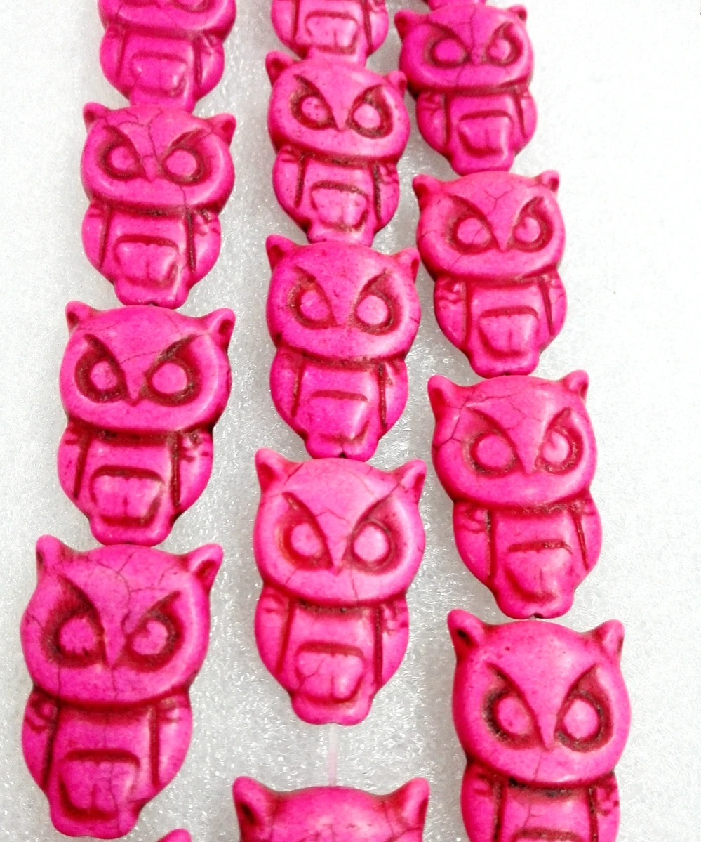 Total 13 pcs beads 32x20mm carved owl animal Bright deep pink howlite stone Loose Beads