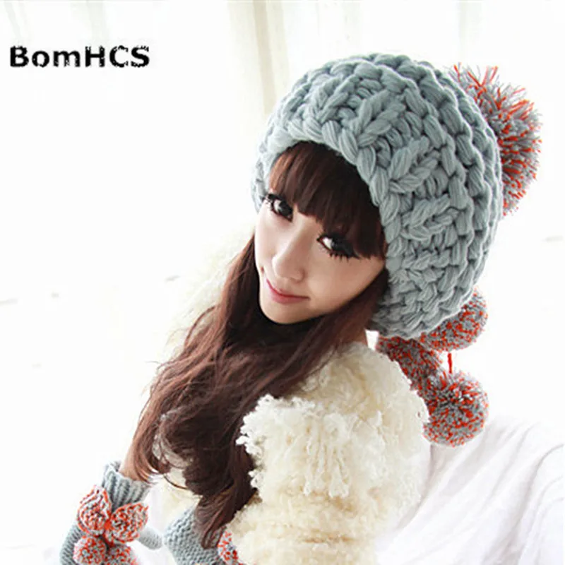 BomHCS Lovely Women\'s Beanie & Gloves Winter Warm Knit Handmade Hat Caps with Soft Poms