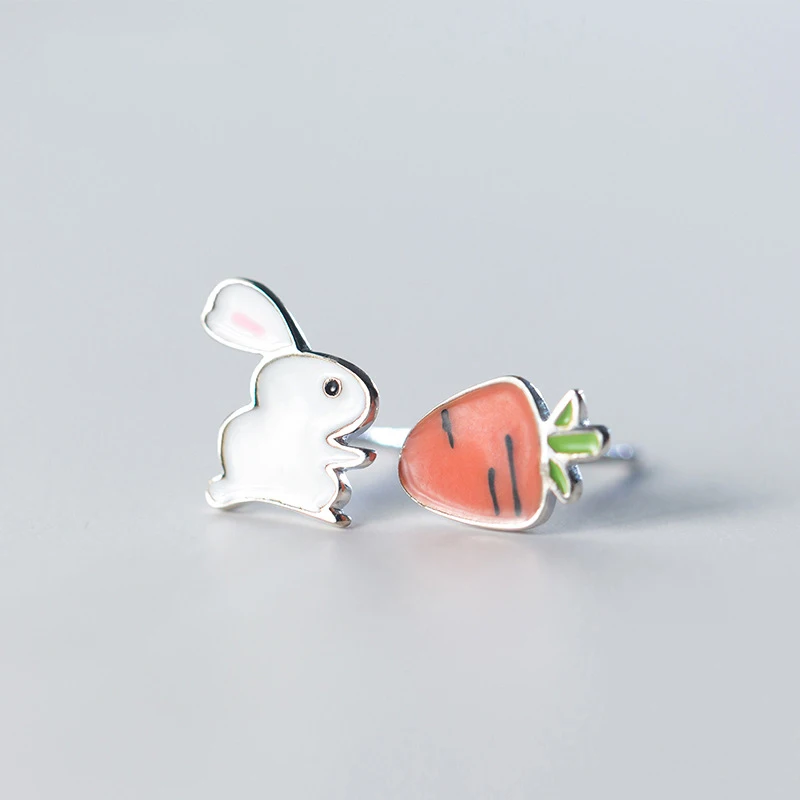 MloveAcc Romantic Enamel Jewelry Cute Small Rabbit Carrot Asymmetry Stud Earrings 925 Silver Gifts for Girls Kids Daughter