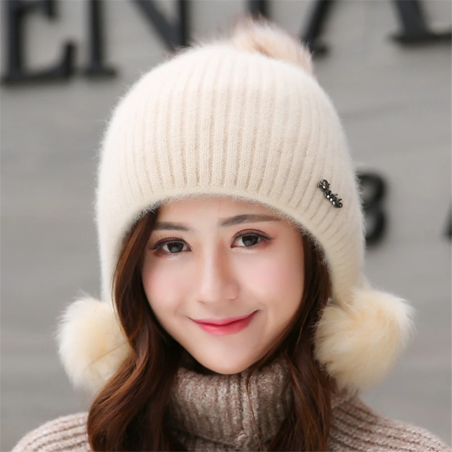 

2023 Rabbit Plush Winter Hats Women Fashion Beanies Sweet Cute Hedging Cap Velvet Wool Hat Student Hair Ball Caps Warm Knit Hat