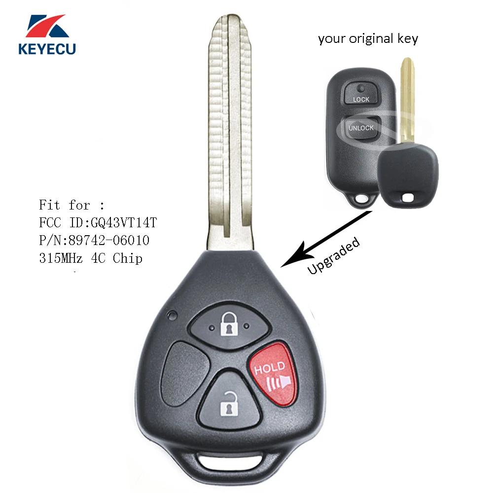 KEYECU 3 Buttons Upgraded Remote Key Fob 315MHz 4C Chip For Toyota Camry Corolla Sienna Echo 1999 2000 2001 2002 2003 GQ43VT14T