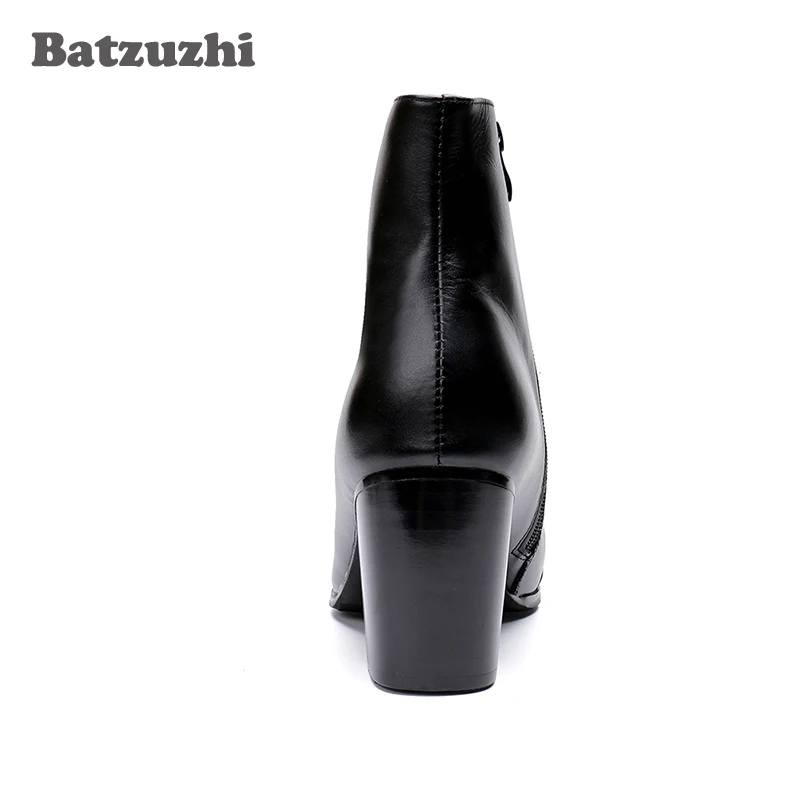 Batzuzhi Botas para Hombre, Botas de tacón alto de 7CM de cuero genuino, Botas de caballero negras hasta el tobillo para Hombre, Botas bonitas para