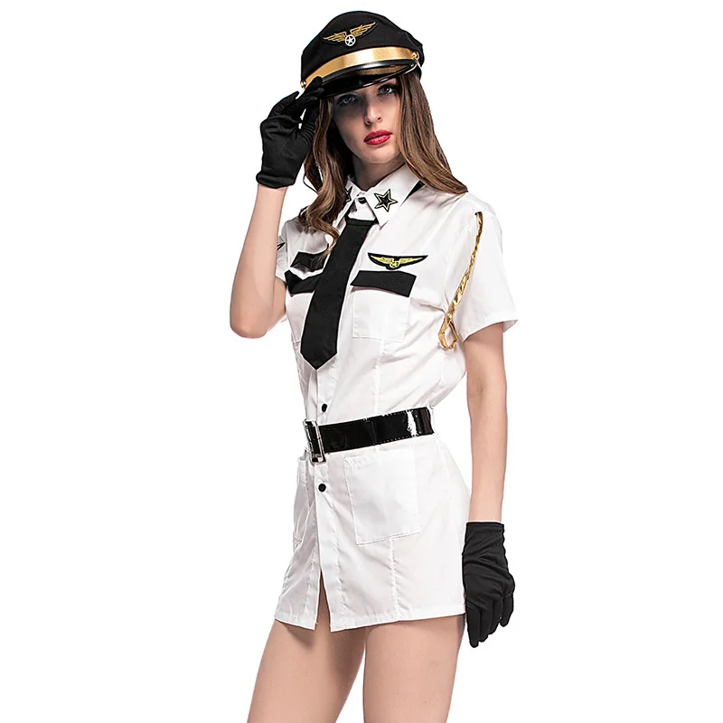 Sexy White Aviator Costume Halloween Carnival Party Cosplay  Female Police Cop Officer Uniform Fancy Dress