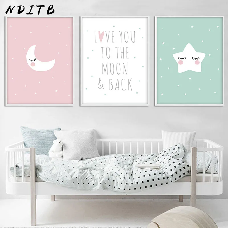 NDITB Cartoon Moon Star Canvas Art Posters Nursery Prints Painting Wall Picture Baby Room Decoration Love You The Moon and Back