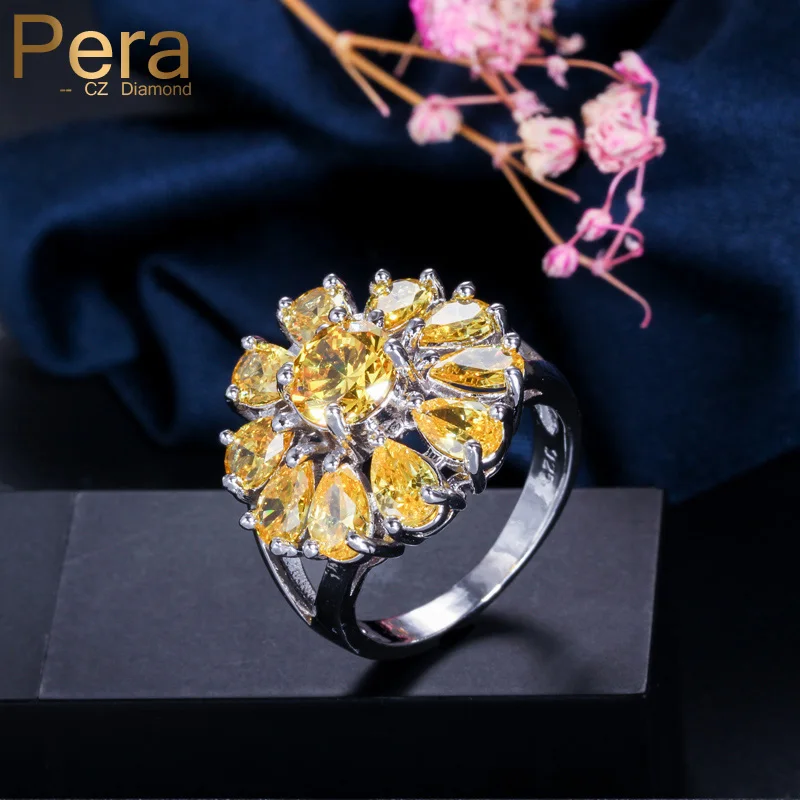 Модное женское серебряное кольцо Pera, 4 цвета на выбор, ювелирное изделие с большим подсолнухом, кубический цирконий, вечернее кольцо для женщин R026