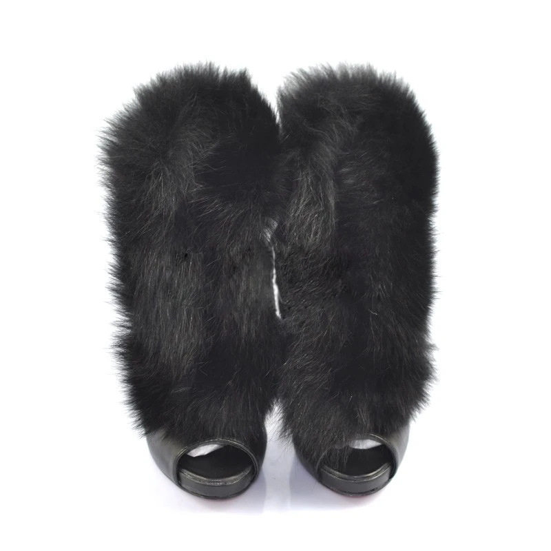 Sexy Ladies Peep toe Real Fox Fur Wrapped Ankle Boots Platform Thin High Heels Fur Boots Women Street Runway Short Bottines