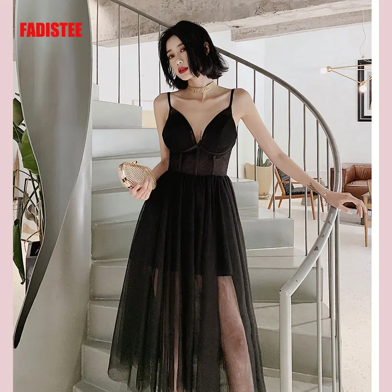 Prom Gaun Malam untuk Pesta Musim Panas Vestido De Festa Lembut Tulle Seksi V-Leher Spaghetti Strap Gaun Hitam Kecil Sukienki