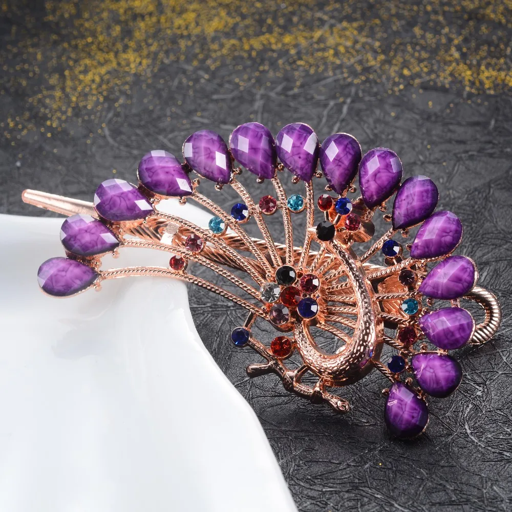 Gold-color Vivid Peacock Hairpins With Rhinestone Resin Crystal Barrettes Hair Jewelry Hair Crab Clips Wedding Hair Accessories