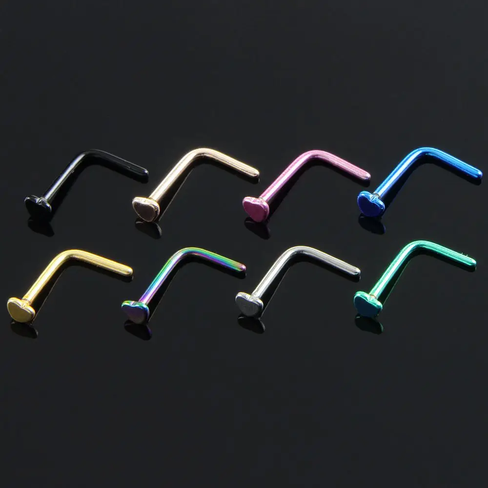 20 pcs Wholesale Invisible Nose Studs Rings Anti-allergic Simple L Shaped Heart Top Steel Piercing Lip Pin Clicker Body Jewelry