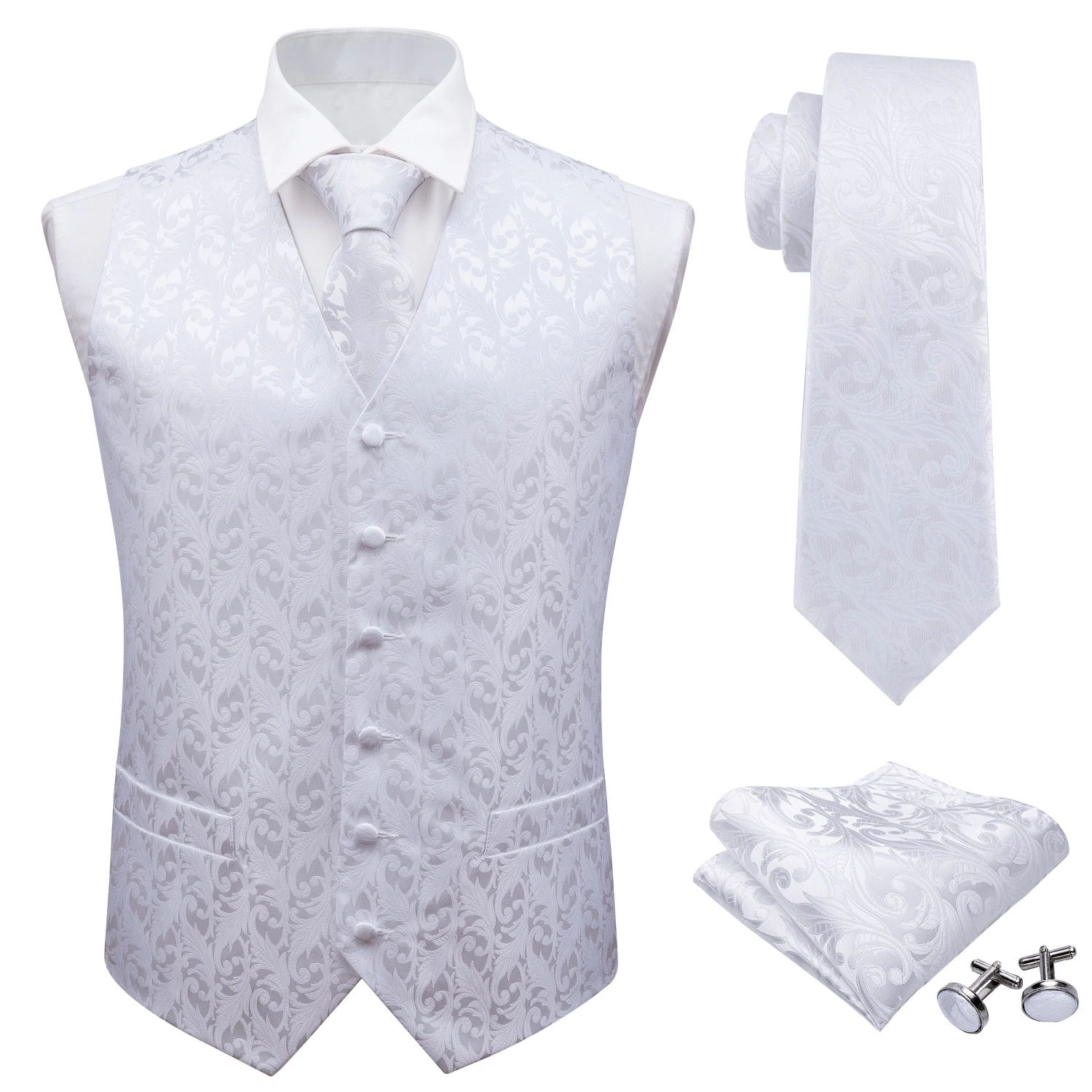 Barry.Wang Mens Clássico Branco Floral Jacquard De Seda Colete Coletes Lenço Festa Casamento Tie Vest Suit Bolso Conjunto Quadrado