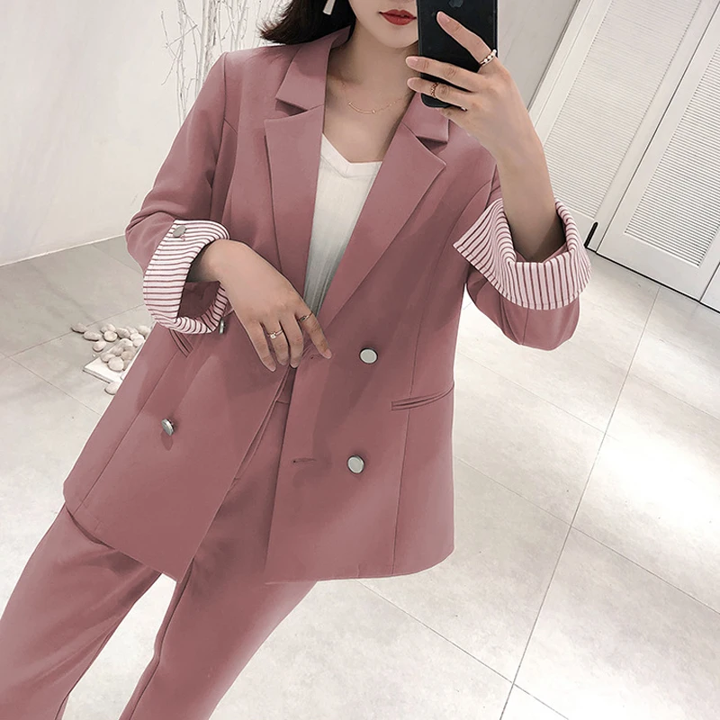 

Double Breasted Blazer and High Waist Pencil Pant Suits for Women, Office Lady, Notched Jacket, Oversized, 2 Pcs Sets