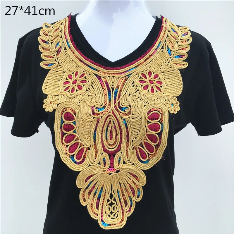 1pc Gold Embroidery Ethnic Style Collar Venise Sequin Floral Embroidered Applique Lace Neckline Collar Garment Accessories