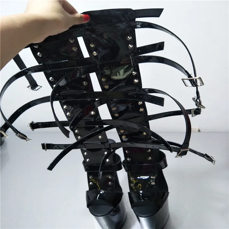 8 inch sexy rivets cool boots 20cm Knee High Boots Gorgeous High Heels black open toe summer Dance Shoes gladiator sandal boots