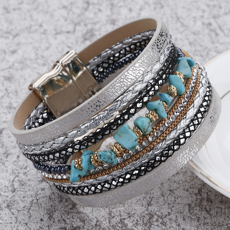 ALLYES bransoletki ze skóry z kamienia naturalnego dla kobiet mężczyzn luksusowa marka Femme styl Boho szeroka wielowarstwowa bransoletka Wrap biżuteria damska — zdjęcie 3