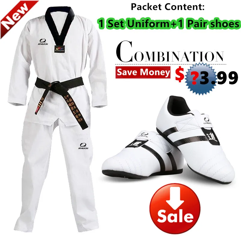 

Hot Good quality taekwondo uniform Taekwondo shoes black V-neck karate dobok WTF approve cotton 1 set uniform+1 pair shoes