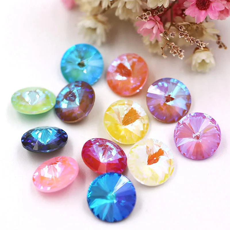 

New Style Round Shape Glass Crystal Mocha Fluorescence Pointback Rivoli Rhinestones Glue On Clothing Accessories