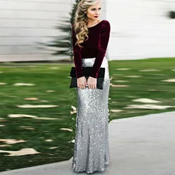 Glitter Silver Sequin Maxi Skirt for Women High Waist Mermaid Sequins Long Skirts Custom Made Jupe femme Faldas Saia