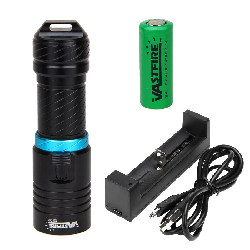 Waterproof LED Scuba LED Light Cycling Flashlight 28650/18650 Torch Waterproof 100M with 26650 Battery and Charger