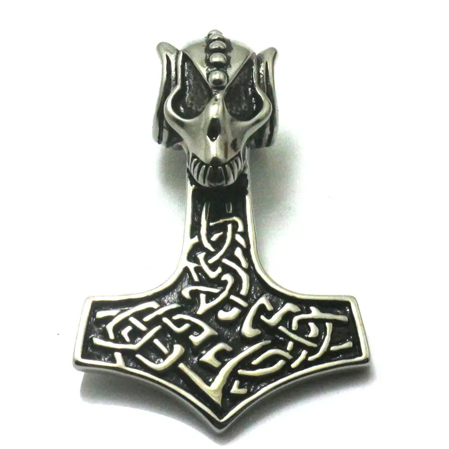 

Men Boy Cool 316L Stainless Steel Punk Gothic Alien Skull Thor's Hammer Newest Pendant