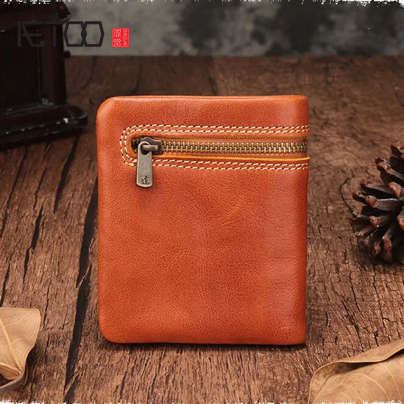 

AETOO Wallet female short leather zipper ultra-thin handmade wallet leather wallet mini wallet female vertical coin purse