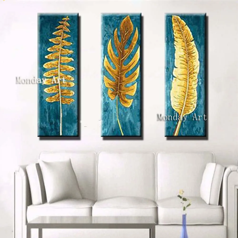 3 Panel handmade Beautiful Knife Gold Leafs Canvas Painting Pictures Hand Painted Abstract gold Oil Paintings Modern painting