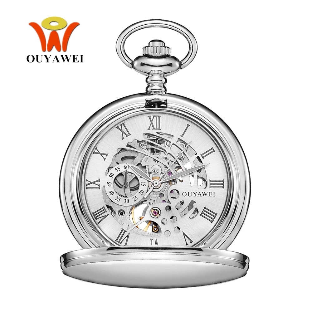 New OYW Brand Stainless Steel Men Fashion Casual Pocket Watch Skeleton dial Silver Hand Wind Mechanical Male Fob Chain Watches