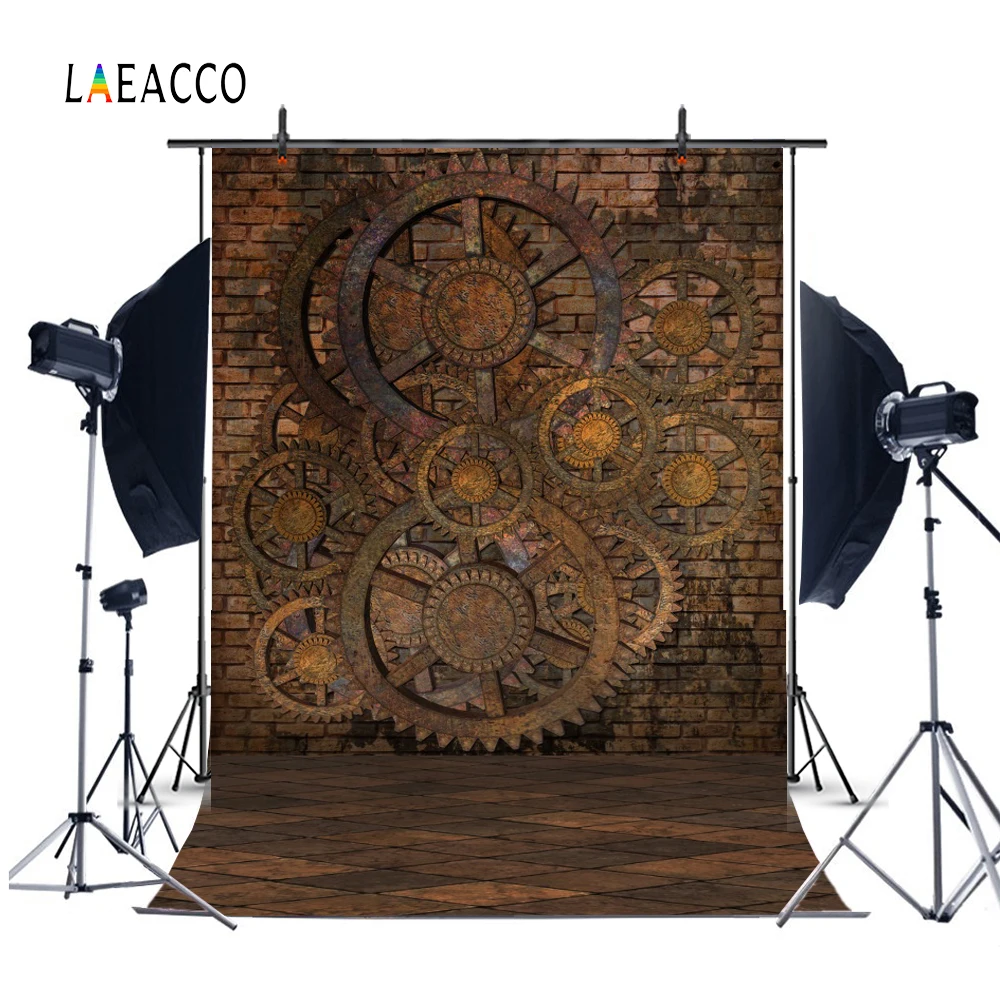 Old Brick Wall Wooden Floor Steampunk House Rusty Gears Photography Backdrops Backgrounds Vintage Grunge Portrait Photophone