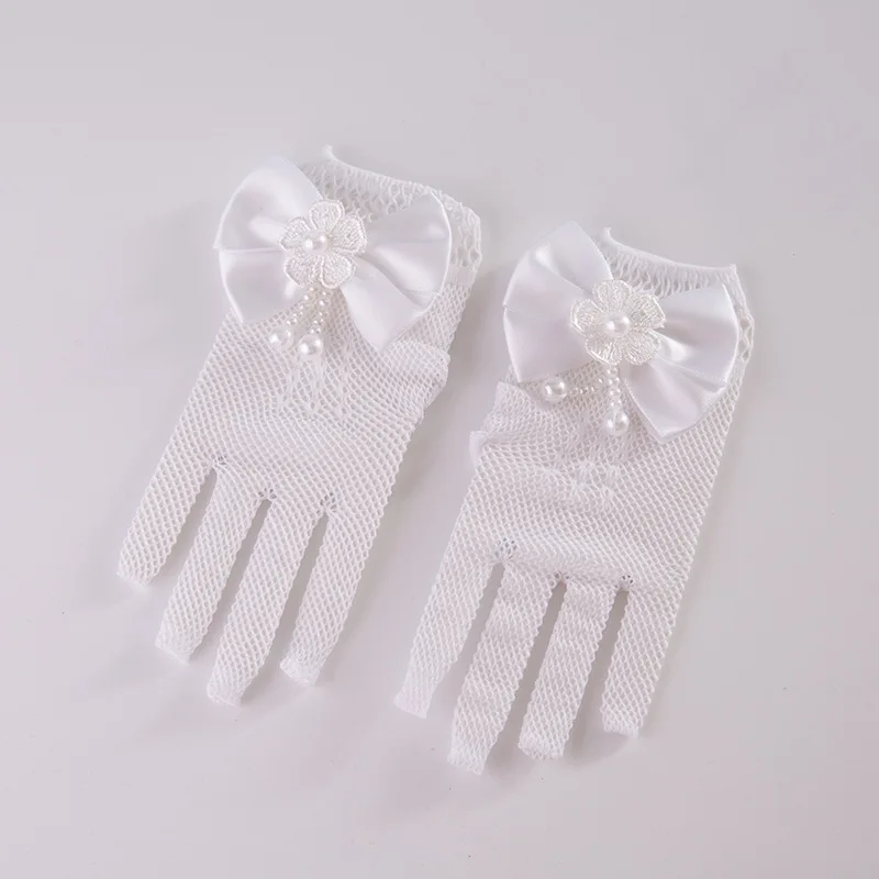 Guantes de boda de perlas de belleza para niñas, accesorios de fiesta de noche de malla para niños, día de Halloween, cumpleaños, rendimiento de arco Gl