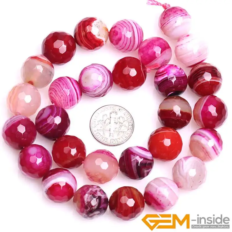 Round Faceted Banded Fuchsia Agates Beads For Jewelry Making Strand 15\