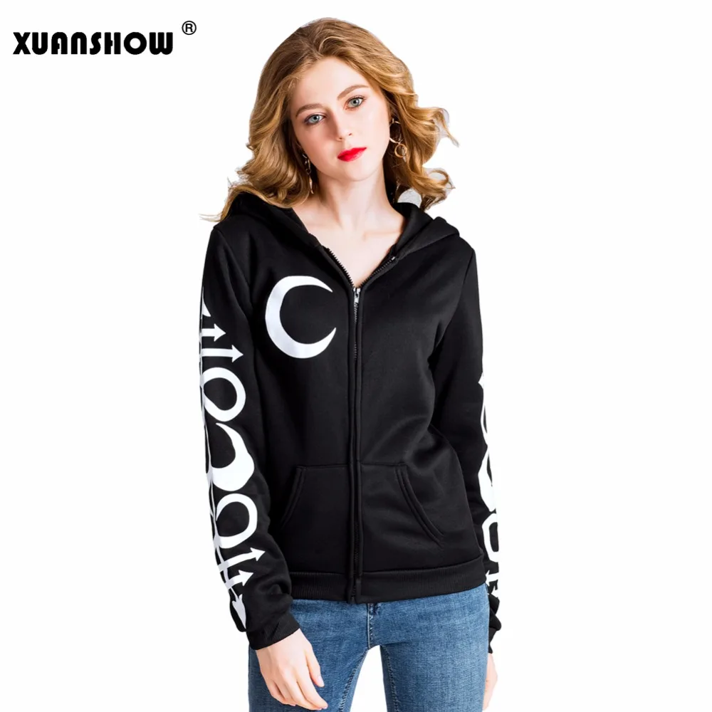 Damen Gothic Punk Hoodie Sweatshirt mit Mond-Buchstaben-Print, Langarm-Reißverschlussjacke, Herbst-Winter-Mode Streetwear – Detail 4