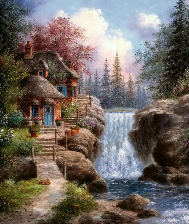 Idilliaco cascate Paesaggio Ricamo Ricamo Foresta 14CT Contati Stampati FAI DA TE Cross Stitch Kit Fatti A Mano di Arte Della Decorazione Della