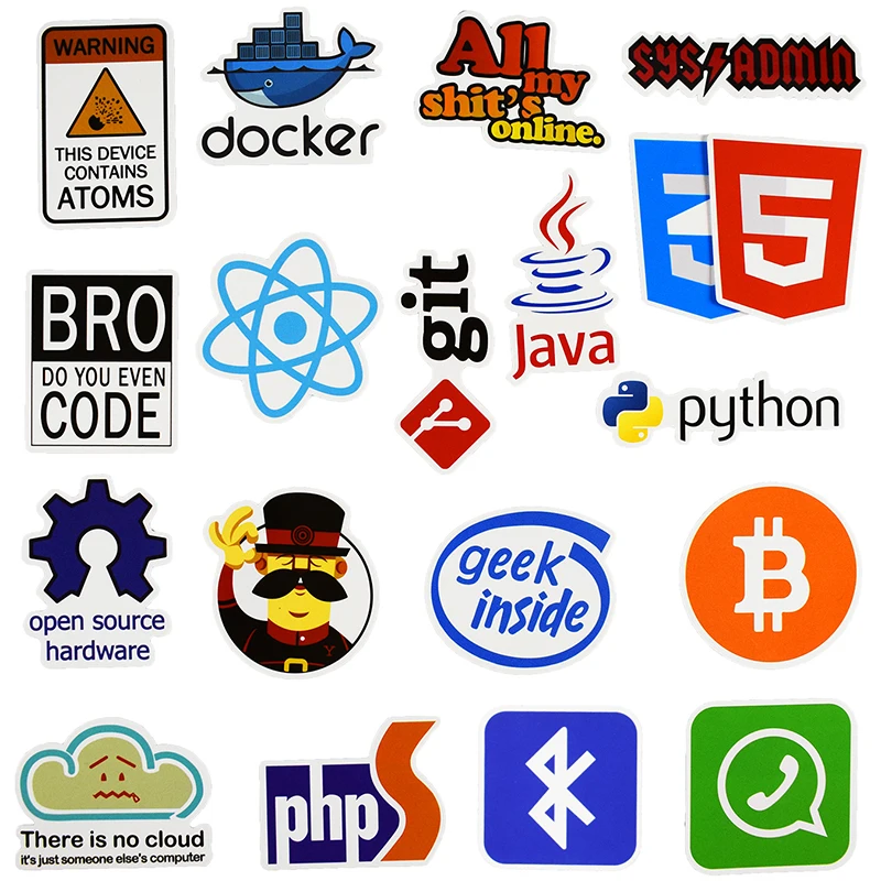 50 Pcs Java Internet JS Php Docker Bitcoin Html Cloud Programming Language APP Logo Funny Stickers for Laptop Car DIY Stickers