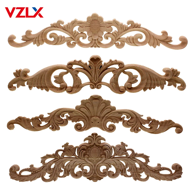 VZLX European Decals Solid Wood  Applique Long Flower Pieces Vintage Home Decor Decoration Maison Carved Accessories Modern